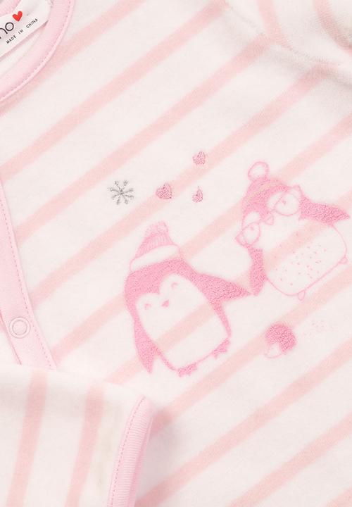 MINOTI - Penguin velour stripe sleepsuit - pink