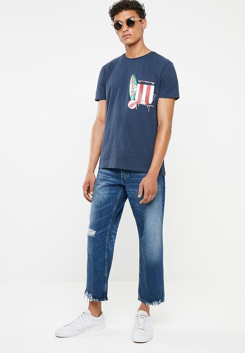 STYLE REPUBLIC - Pia printed tee with chest pocket - navy