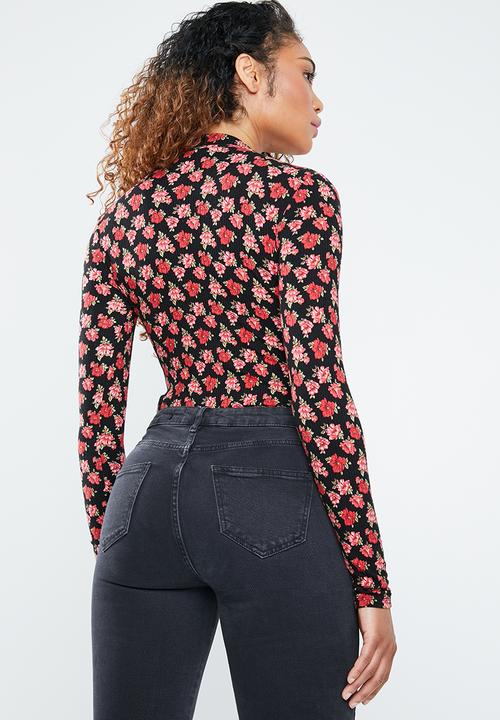 Forever21 - Floral knit bodysuit - black & red