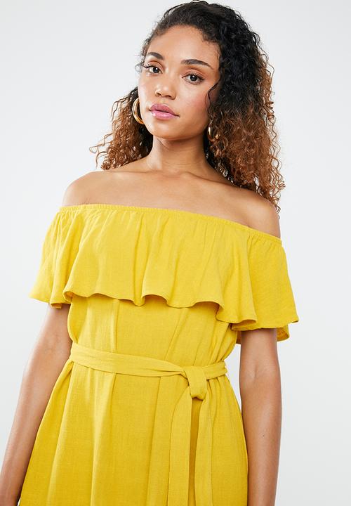 Forever21 - Off shoulder ruffle dress with tie - yellow 