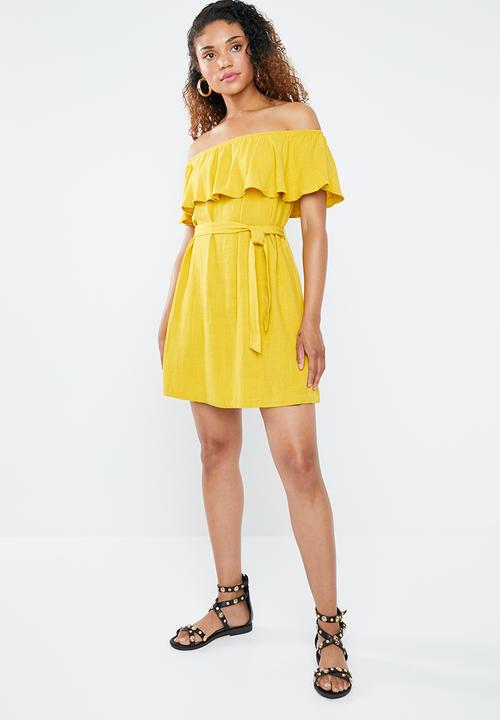 Forever21 - Off shoulder ruffle dress with tie - yellow 