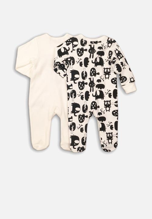 MINOTI - Monochrome animal 2 pack interlock sleepsuit - black & cream
