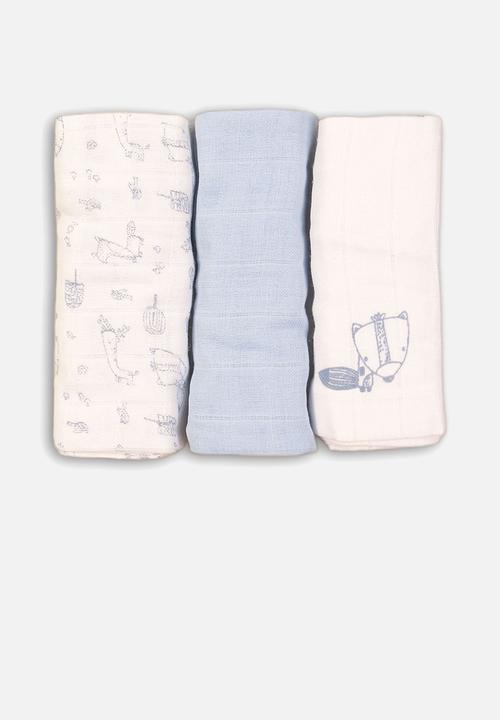 MINOTI - Fishing 3 pack muslin cloths pale - blue