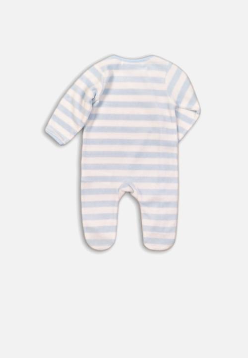 MINOTI - Fishing velour stripe sleepsuit -  blue & white 