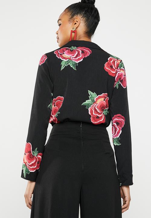 Missguided - Floral collared wrap front bodysuit - black