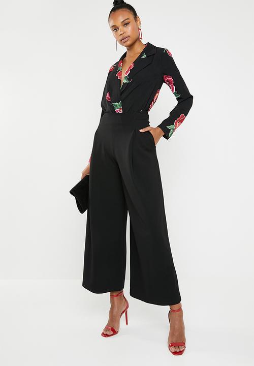 Missguided - Floral collared wrap front bodysuit - black