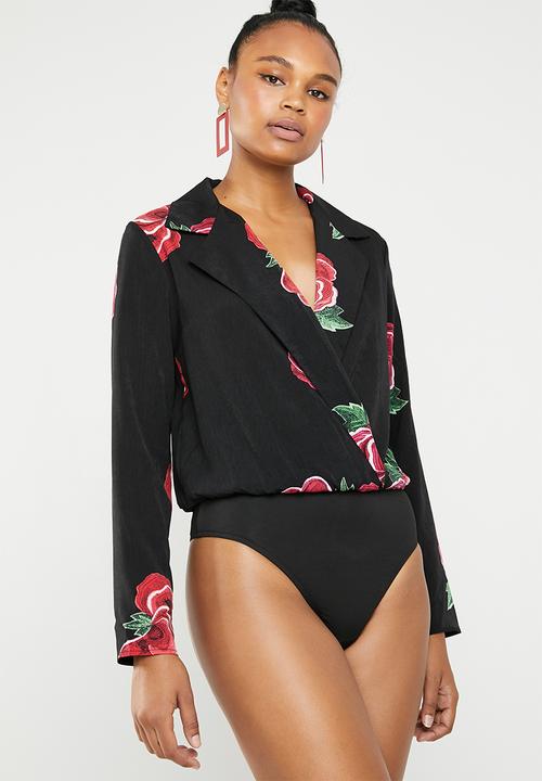 Missguided - Floral collared wrap front bodysuit - black