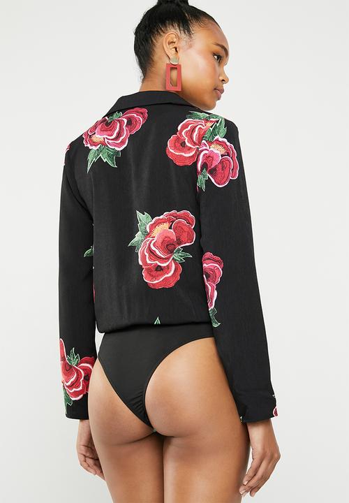 Missguided - Floral collared wrap front bodysuit - black