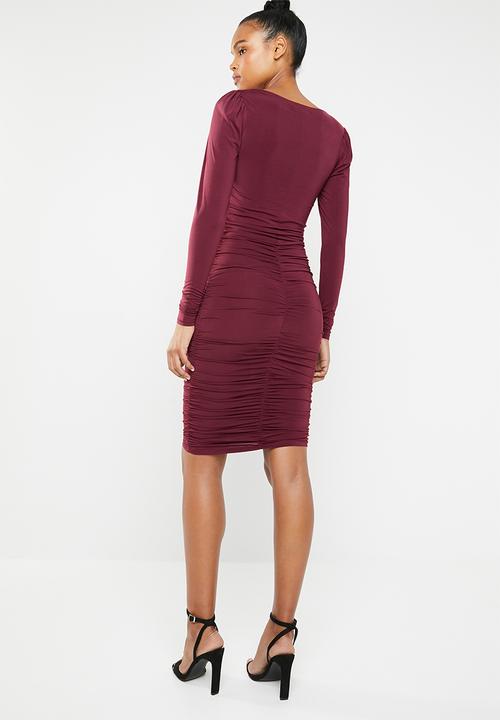 Superbalist - Square neck ruched dress - burgundy 