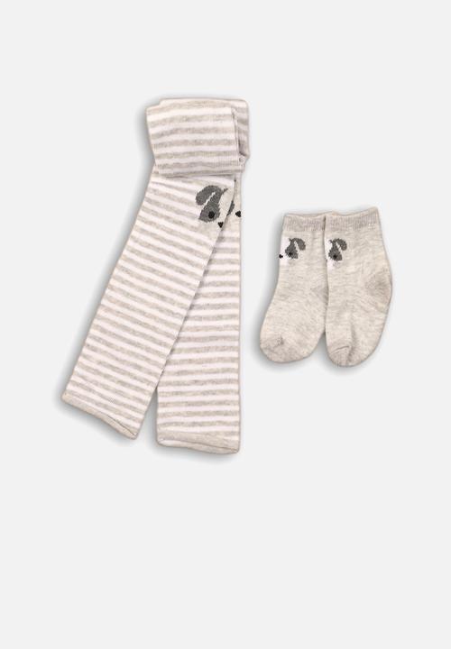 MINOTI - 2 pack footless tights & socks with stripe - grey 