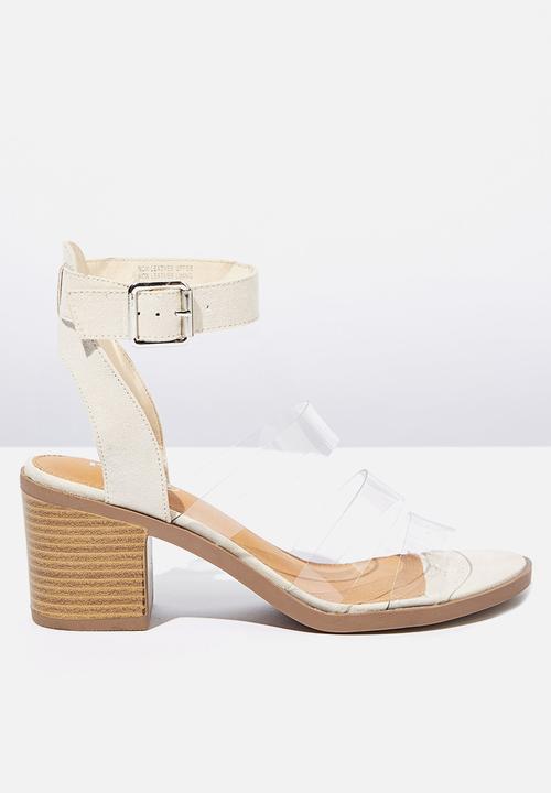 clear strap low block heels