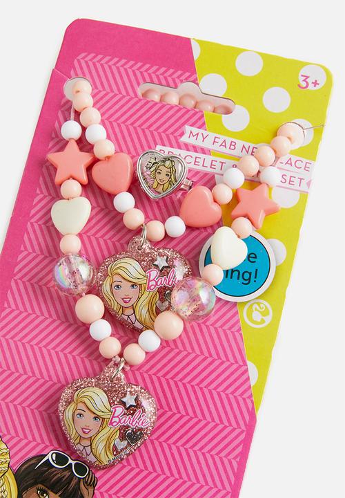 Character Fashion - Barbie 3 piece beaded necklace, bracelet & ring  set - pink & white