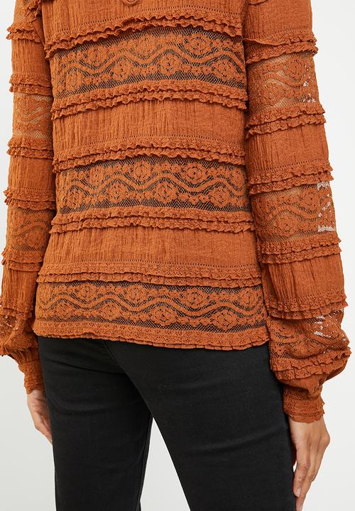 ONLY - Marjorie lace and ruffle top - brown