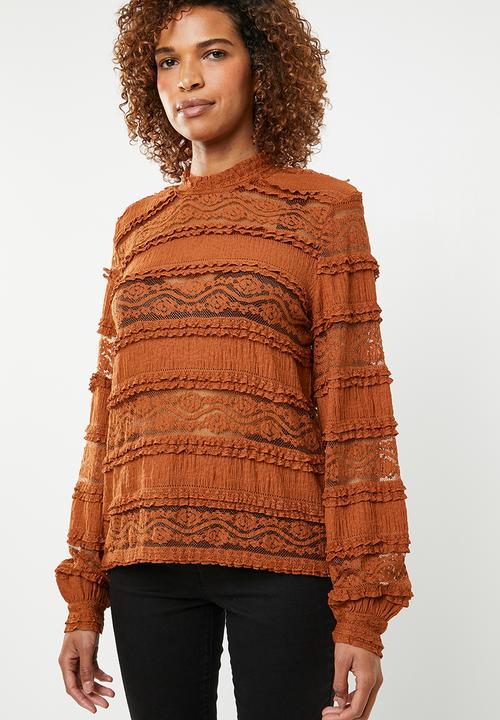 ONLY - Marjorie lace and ruffle top - brown