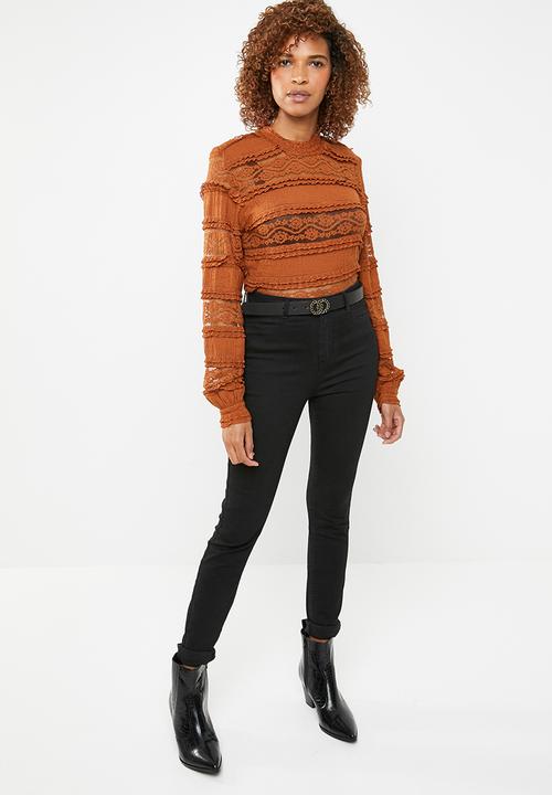 ONLY - Marjorie lace and ruffle top - brown