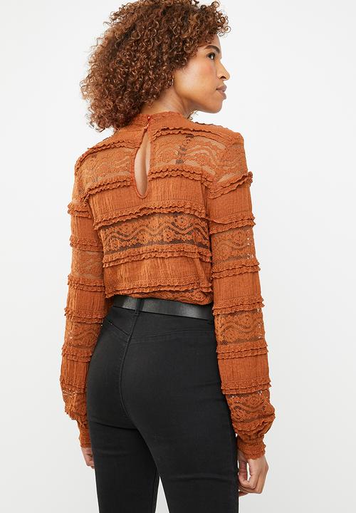 ONLY - Marjorie lace and ruffle top - brown