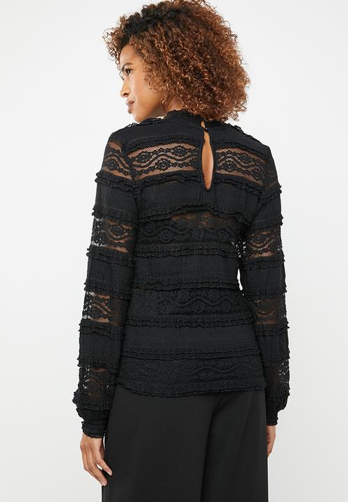 ONLY - Marjorie lace and ruffle top - black