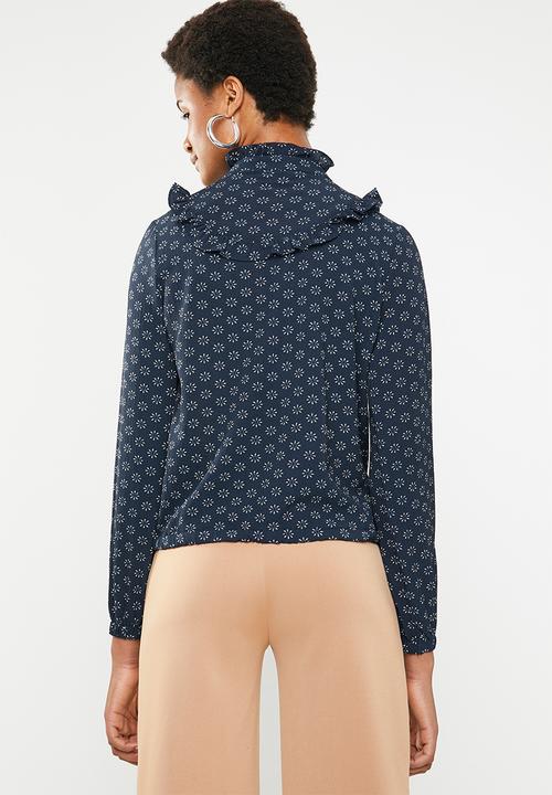 Brave Soul - Floral shirt with ruffles - navy