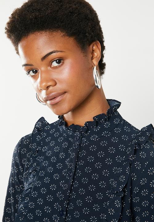 Brave Soul - Floral shirt with ruffles - navy