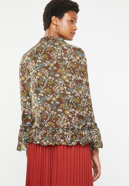 Brave Soul - Floral blouse with ruffle hem - green