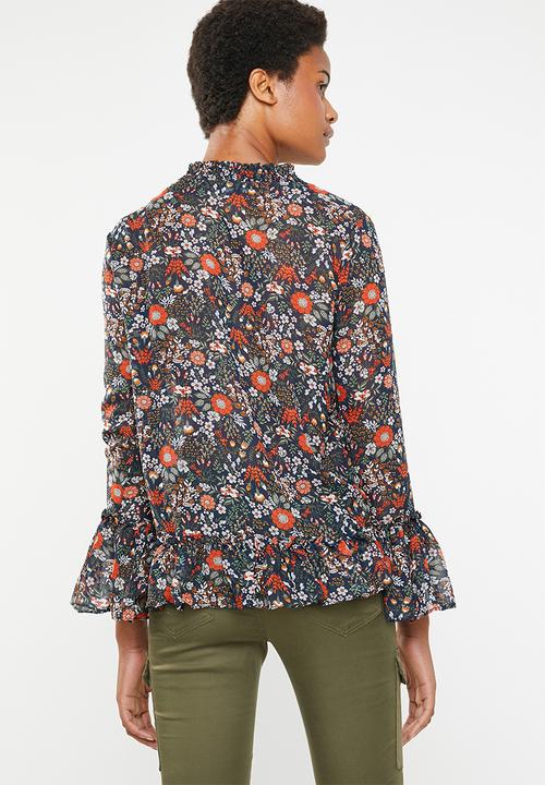 Brave Soul - Floral blouse with ruffle hem - blue