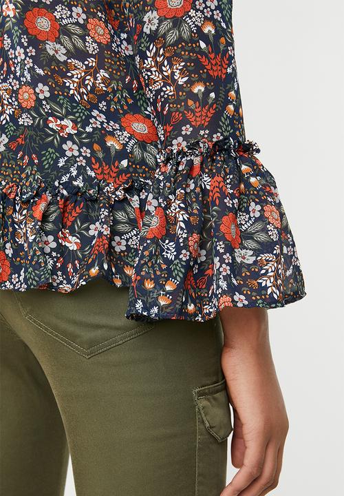 Brave Soul - Floral blouse with ruffle hem - blue