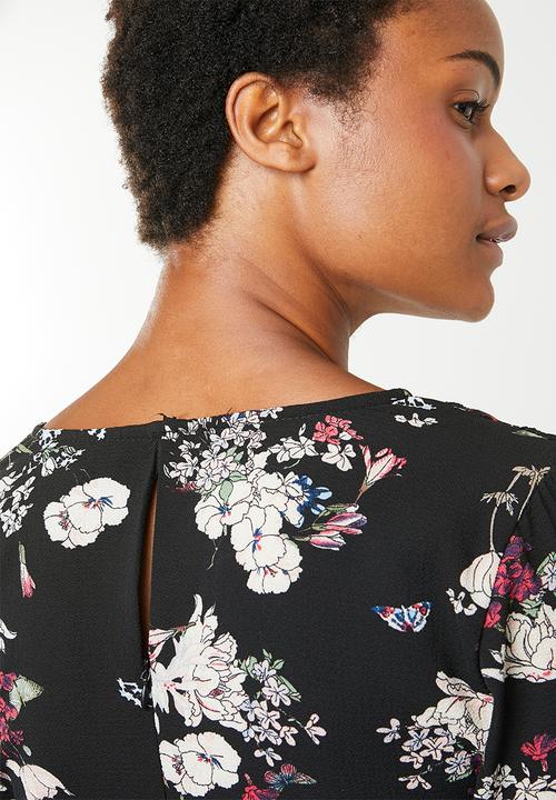 Brave Soul - Flare sleeve floral dress - black