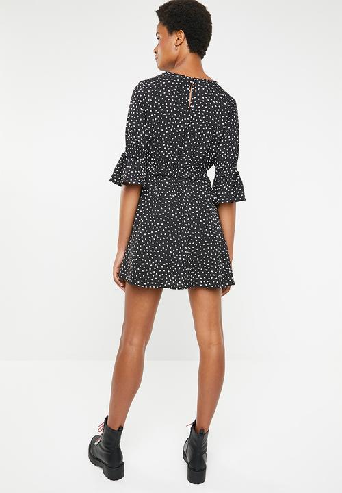 Brave Soul - Polka dot bell sleeve dress - black