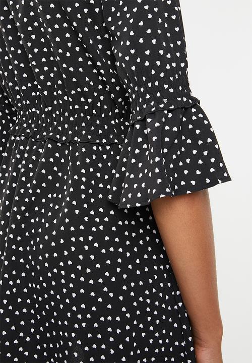 Brave Soul - Polka dot bell sleeve dress - black