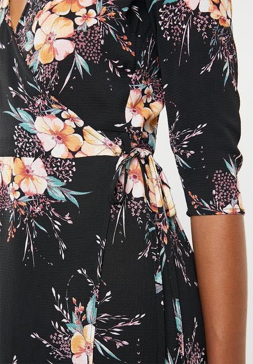 Brave Soul - 3/4 Sleeve faux wrap floral maxi - black