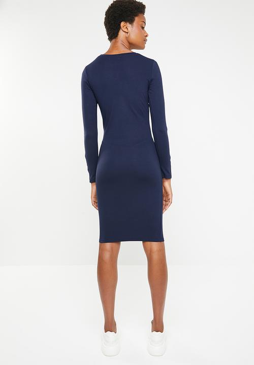 Brave Soul - Long sleeve bodycon midi with side stripe - navy
