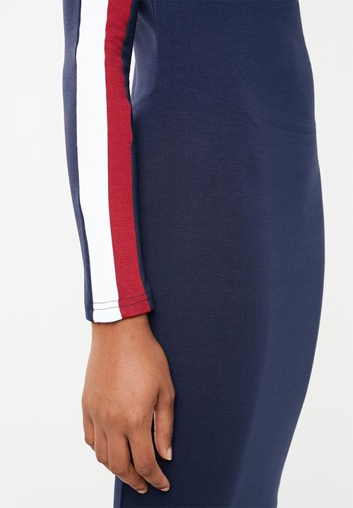 Brave Soul - Long sleeve bodycon midi with side stripe - navy