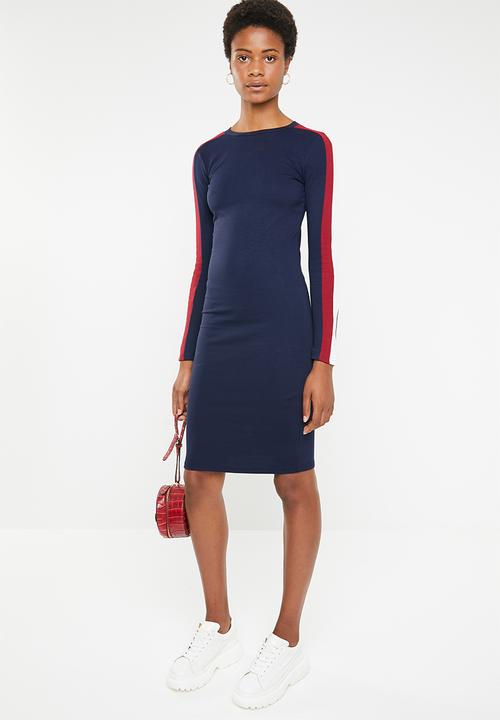 Brave Soul - Long sleeve bodycon midi with side stripe - navy
