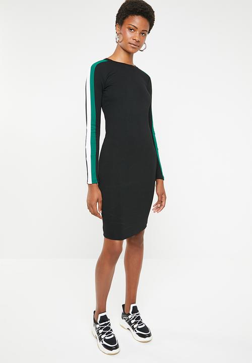 Brave Soul - Long sleeve bodycon midi with side stripe - black