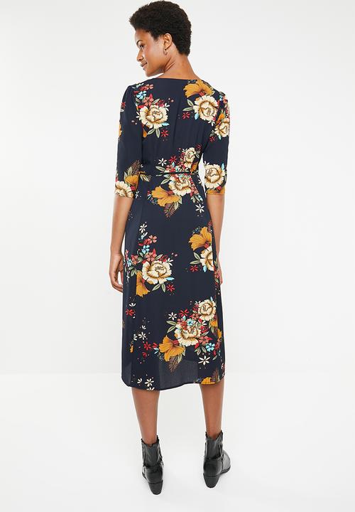 Brave Soul - 3/4 Sleeve faux wrap floral maxi - navy