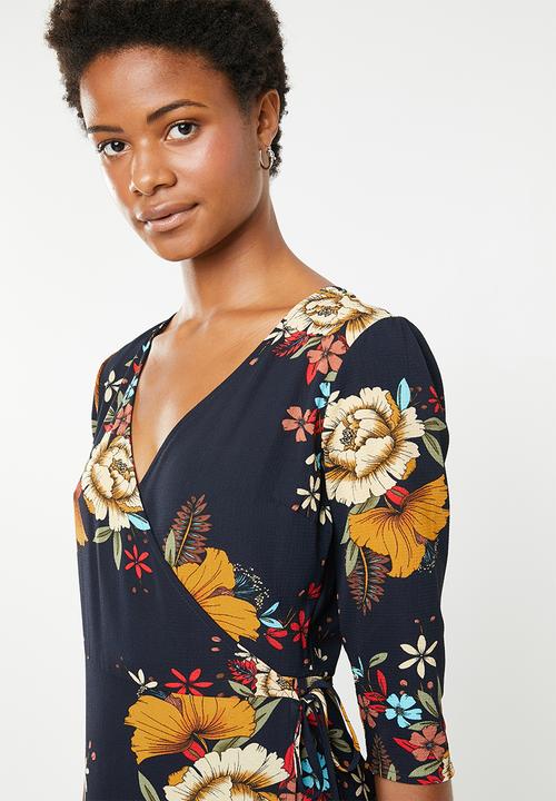 Brave Soul - 3/4 Sleeve faux wrap floral maxi - navy