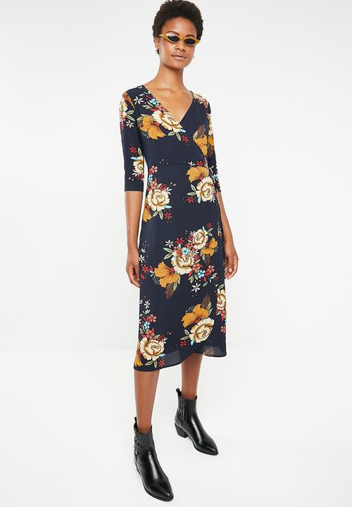 Brave Soul - 3/4 Sleeve faux wrap floral maxi - navy