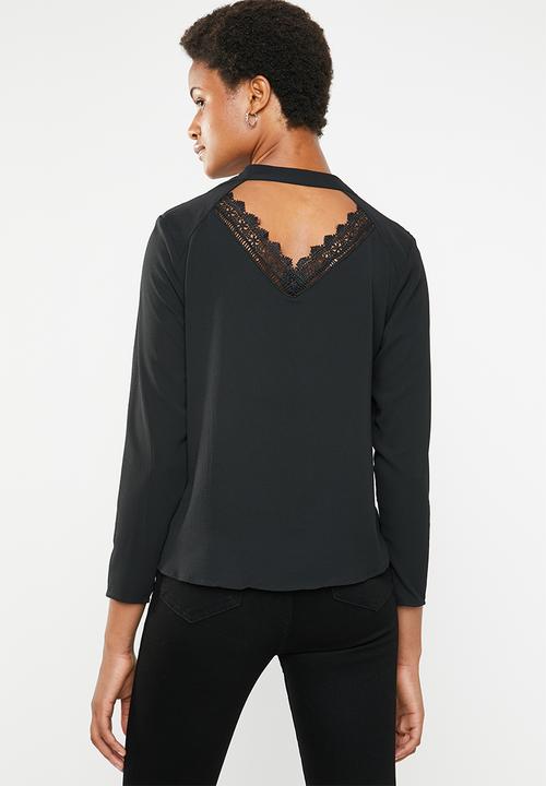 Brave Soul - Long sleeve blouse with back cut out lace detail - black