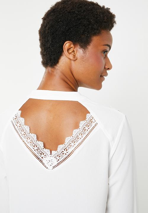 Brave Soul - long sleeve blouse with back cut out lace detail - white