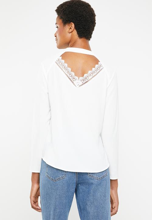 Brave Soul - long sleeve blouse with back cut out lace detail - white