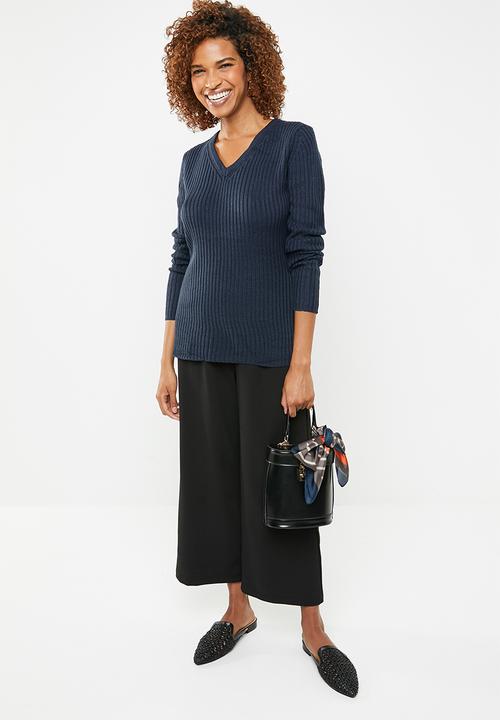 edit - Essential ribbed v neck jersey  - navy