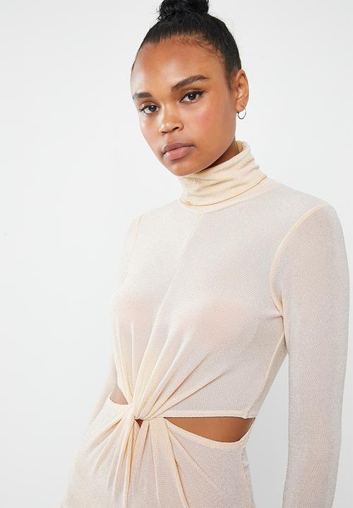 Missguided - Cut out knot waist high neck midi dress - neutral