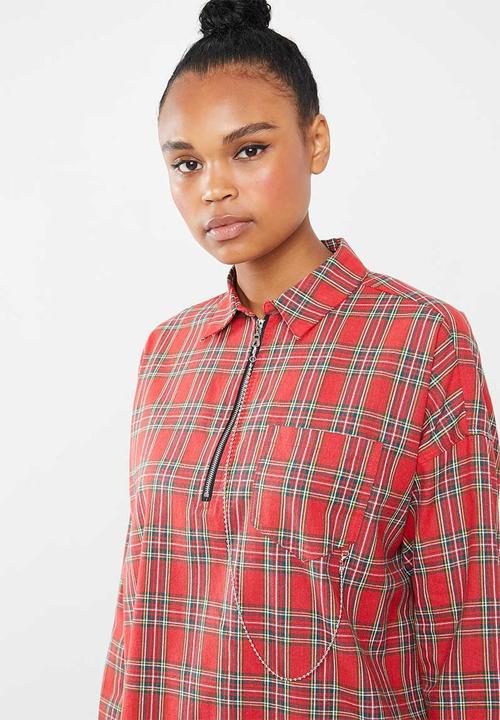 Missguided - Oversized utility tartan shirt dress - red