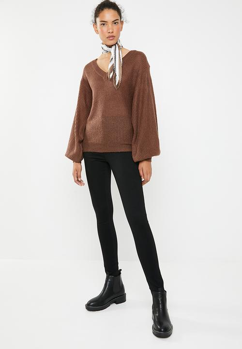 Brave Soul - Lightweight ribbed jersey with balloon sleeve - brown