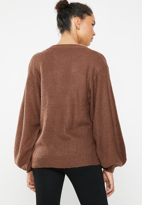 Brave Soul - Lightweight ribbed jersey with balloon sleeve - brown