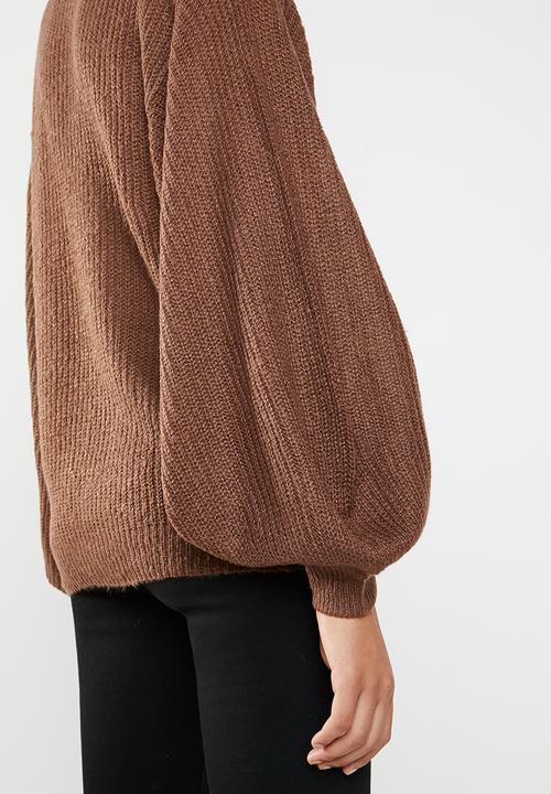 Brave Soul - Lightweight ribbed jersey with balloon sleeve - brown