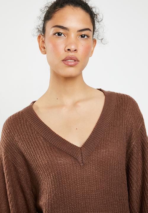 Brave Soul - Lightweight ribbed jersey with balloon sleeve - brown