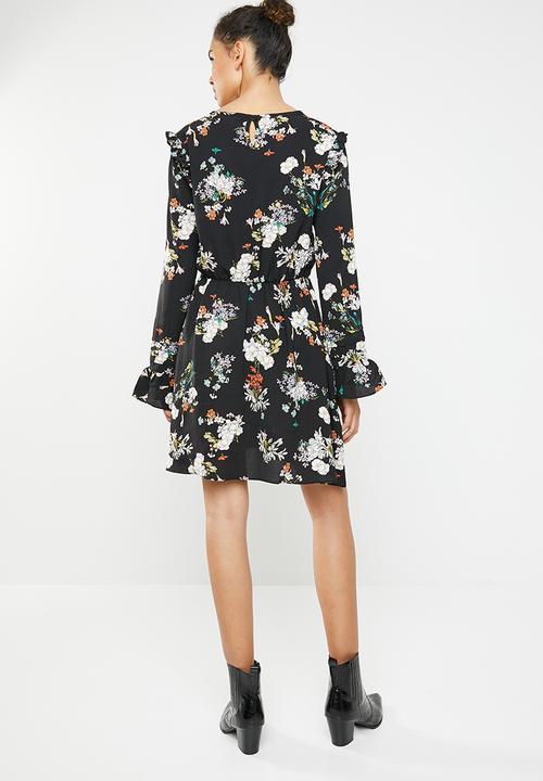 Brave Soul - Long sleeve pleat and ruffle floral dress - black