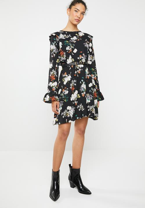 Brave Soul - Long sleeve pleat and ruffle floral dress - black