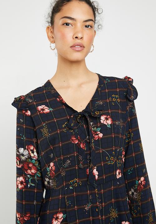 Brave Soul - Floral grid tie neck dress - navy